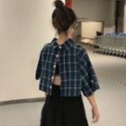 Elbow-sleeve Plaid Open-back Top Blue - One Size