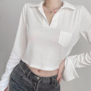 Plain Long-sleeve Polo Crop Top