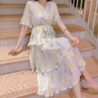 Floral Print Short-sleeve Tiered Chiffon Dress