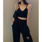 Open Back Cropped Camisole / Distressed Wide-leg Pants