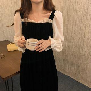 Mock Two-piece Square-neck Mesh Ruffle-sleeve Velvet Dress Black - One Size