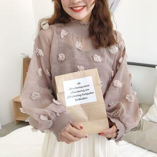 Set: Flower Applique Mock Neck Long-sleeve Top + Camisole Top