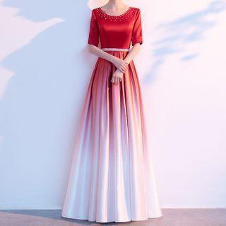 Short-sleeve Ombre A-line Evening Gown