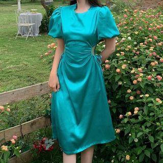 Short-sleeve Plain Satin Midi Dress Blue - One Size