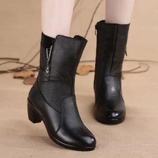 Genuine Leather Chunky Heel Mid-calf Boots