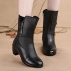Genuine Leather Chunky Heel Mid-calf Boots
