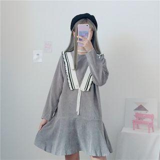 Striped Long-sleeve A-line Dress Gray - One Size