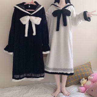 Bell-sleeve Sailor Collar Ribbon Fleece Midi Sleep Dress