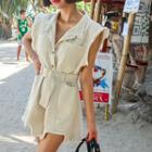 Sleeveless Distressed Shirt Playsuit With Belt