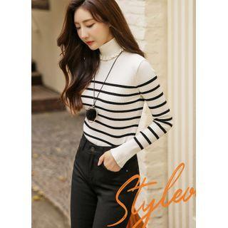 Frilled Turtle-neck Stripe Knit Top