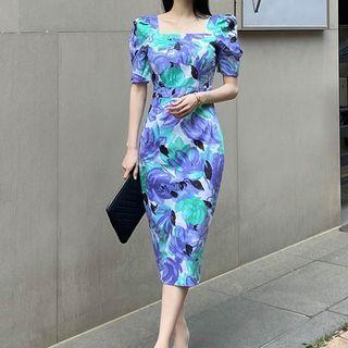 Short-sleeve Square-neck Floral Midi Sheath Dress