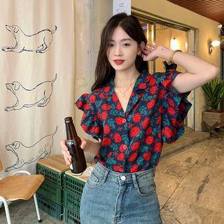 Cap-sleeve Floral Blouse Blue - One Size