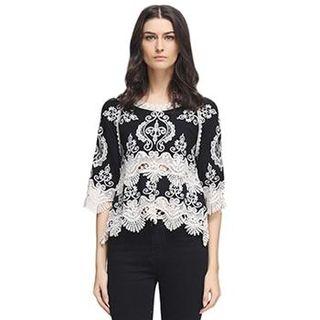 3/4-sleeve Crochet Panel Top As Shown In Figure - One Size