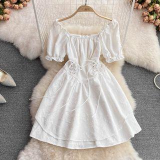 Puff Sleeve Lace Up Lace Dress