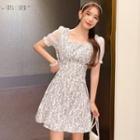 Short-sleeve Square-neck Lace Panel Floral Lace Up Dress