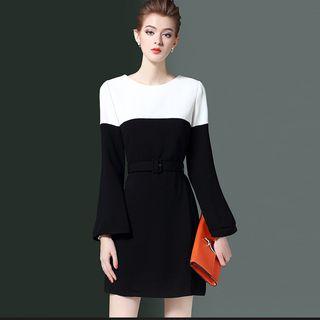 Bell-sleeve Color-block Tie-waist Sheath Dress