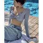 Long-sleeve Twisted Crop Top Gray - One Size