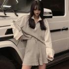Long-sleeve Color Panel Knit Top / Drawstring Knit Shorts