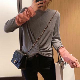 Long-sleeve Color Block Knotted T-shirt
