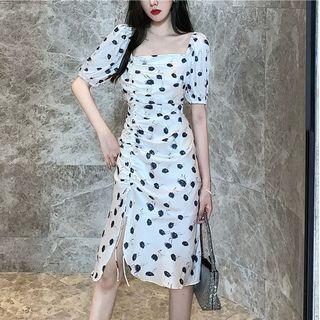 Puff Sleeve Asymmetrical Neck Dotted Ruched Slit Midi Sheath Dress