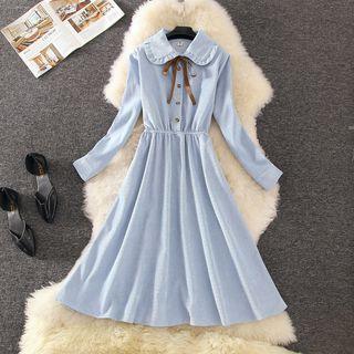 Collared Long-sleeve Midi A-line Dress / Long Knit Vest / Set