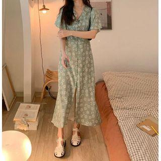 Bell Sleeve Floral Print Ruffled Chiffon Dress