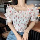 Floral Print Puff-sleeve Off Shoulder Cropped Top As Shown In Figure - One Size