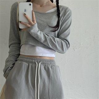 Long-sleeve Plain Mock Two Piece Cropped Top