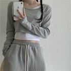 Long-sleeve Plain Mock Two Piece Cropped Top