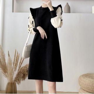 Mock Two-piece Long-sleeve Bow-accent Knit A-line Dress