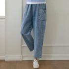 Patch-pocket Washed Baggy Jeans Blue - One Size