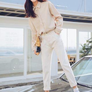 Cropped Straight-cut Jeans / Plain Shirt