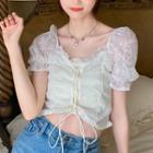Square-neck Drawstring Lace Puff-sleeve Top