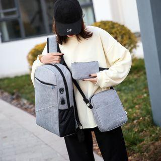 Set Of 3: Usb Port Nylon Backpack + Crossbody Bag + Pouch