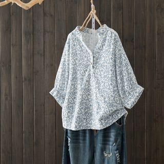 Dolman-sleeve Floral Print Henley Top