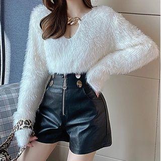 Furry Sweater / Faux Leather Shorts