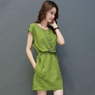 Cap-sleeve Drawstring Plain Dress