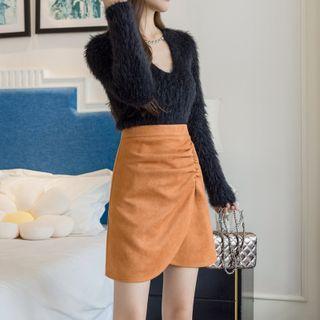 Faux Suede Asymmetrical Ruched A-line Skirt