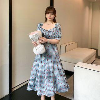 Puff-sleeve Square-neck Cherry Plaid A-line Dress