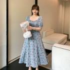 Puff-sleeve Square-neck Cherry Plaid A-line Dress