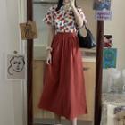 Short Sleeve Flower Print Shirt / High Waist A-line Skirt