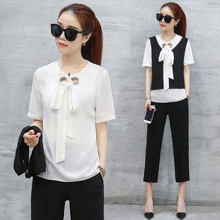 Set: Chiffon Blouse + Vest + Cropped Pants