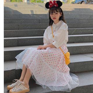 Flower Embroidered Elbow-sleeve Blouse / Dotted Midi A-line Skirt