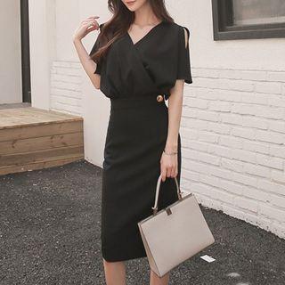 Set: Short-sleeve V-neck Blouse + Pencil Skirt