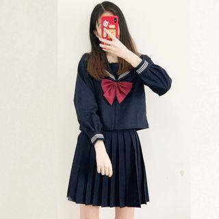 Contrast Trim Blouse / Pleated Skirt / Bow Tie / Set