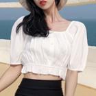 Elbow-sleeve Frill Trim Cropped Top White - One Size