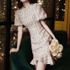 Short-sleeve Tweed Mini Mermaid Dress
