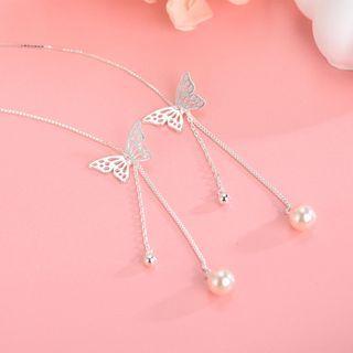 Butterfly Faux Pearl Fringed Earring 1 Pair - Es1072 - 925 Silver - Silver - One Size