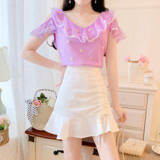 Floral Embroidered Ruffled Blouse / Mini A-line Skirt
