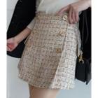 Metallic-button A-line Mini Tweed Skirt